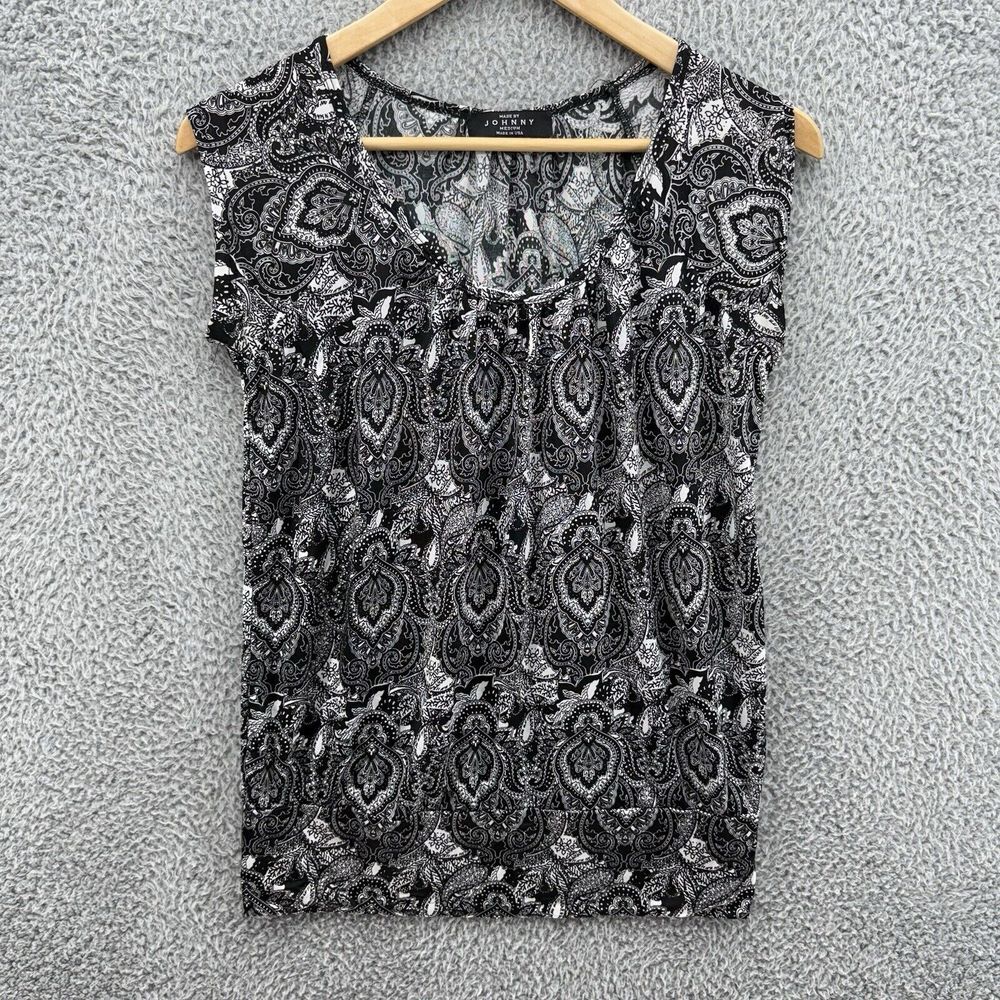 BY Johnny Boho Blouse Black‎ White Geometric Womens Medium Sleeveless Scoop Neck